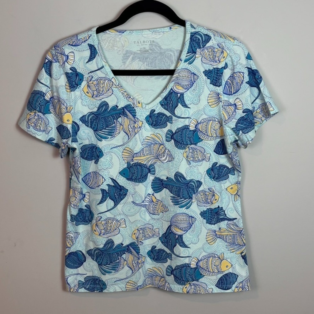 Talbots Womens Blue Fish Pattern Cotton V-Neck Short Sleeve Tee sz Petite Medium
